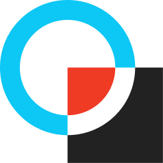 An abstract symbol of a blue circle overlapping a red and black square.